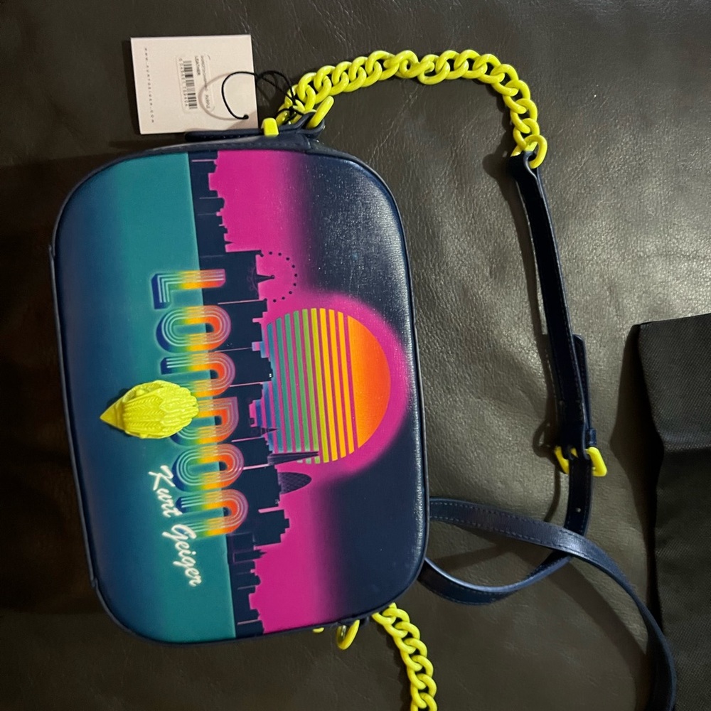 Kurt Geiger London Shoreditch Camera Bag with dust bag and neon chain strap.